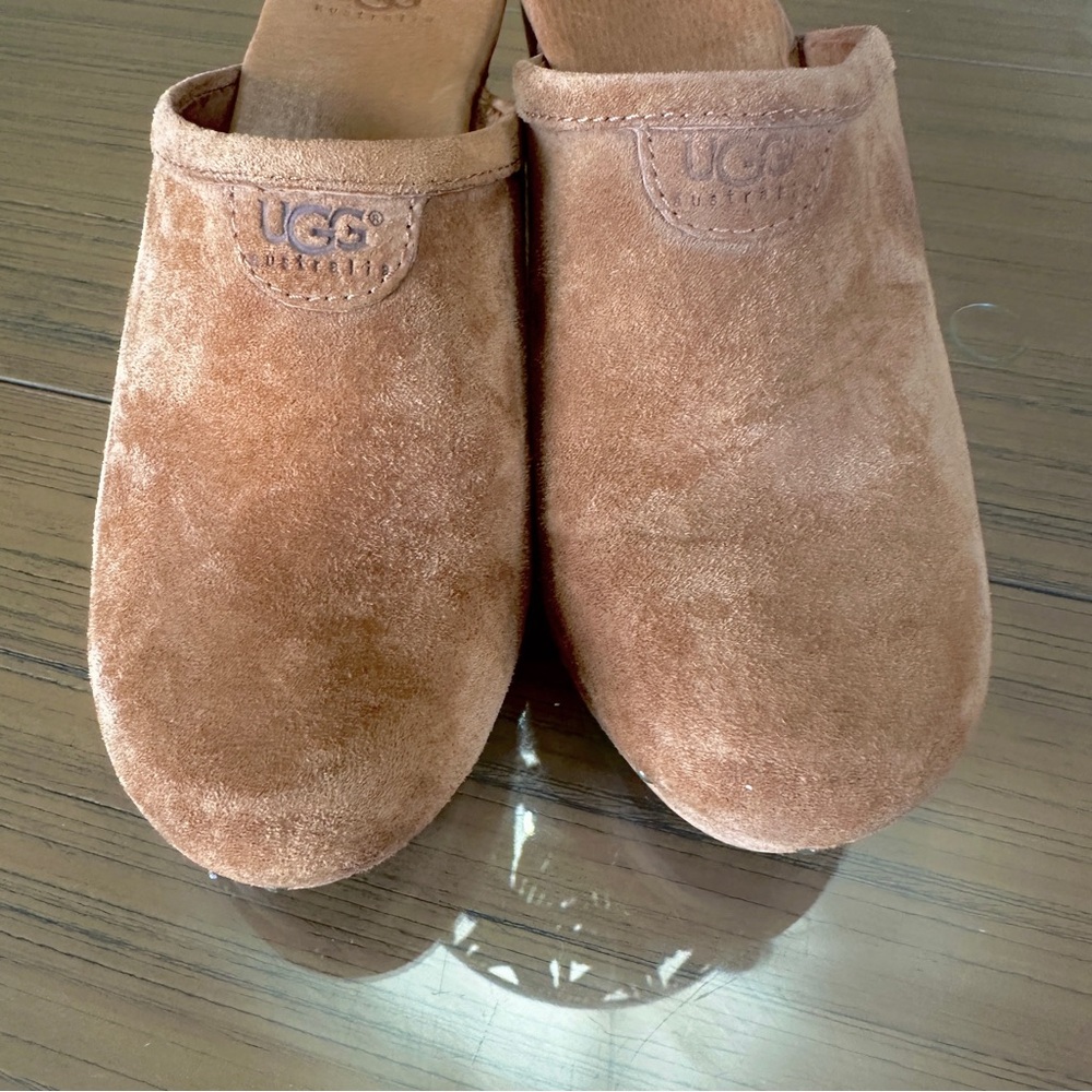 UGG Abbie Woodhills Sheep Skin Suede Wood Heels Rubber Soles Clog Mules Platform - Picture 3 of 14